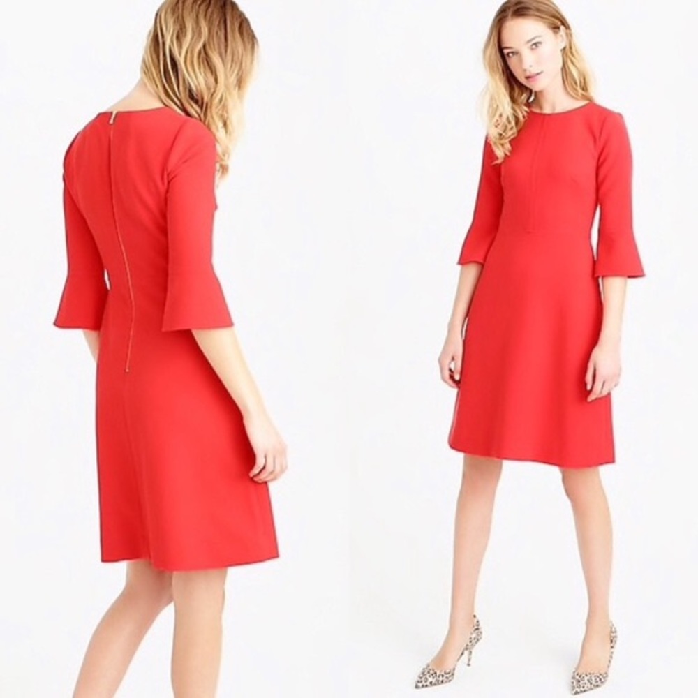 J.Crew Bell Sleeve Crepe Dress (Size 0)Papaya Red